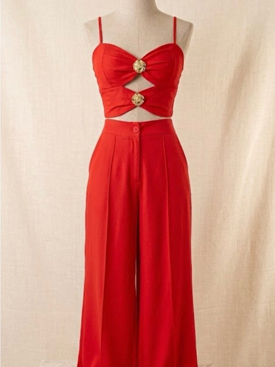 AB Brazilian Boutique Pants - NWT Brazilian Red 2-Piece Set - Floral Gold Detail Crop & Pants